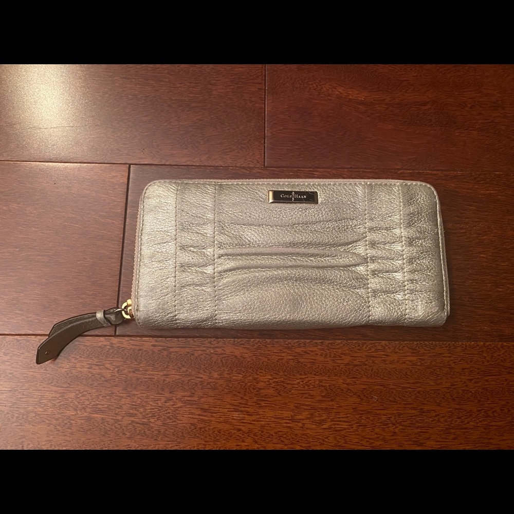 Cole Haan Leather White Gold Zip Around Wallet